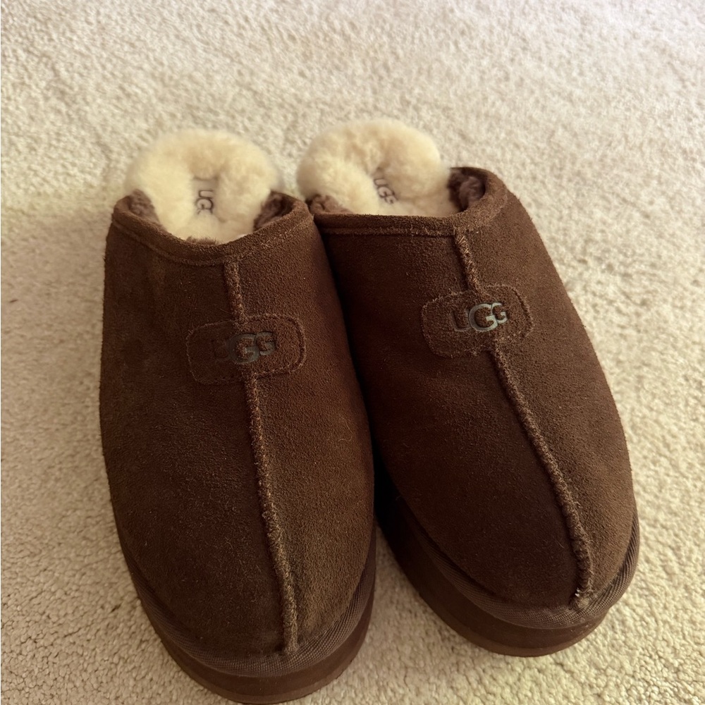 UGG Women’s Platform Chocolate Brown Suede Shearling Slip-Ons